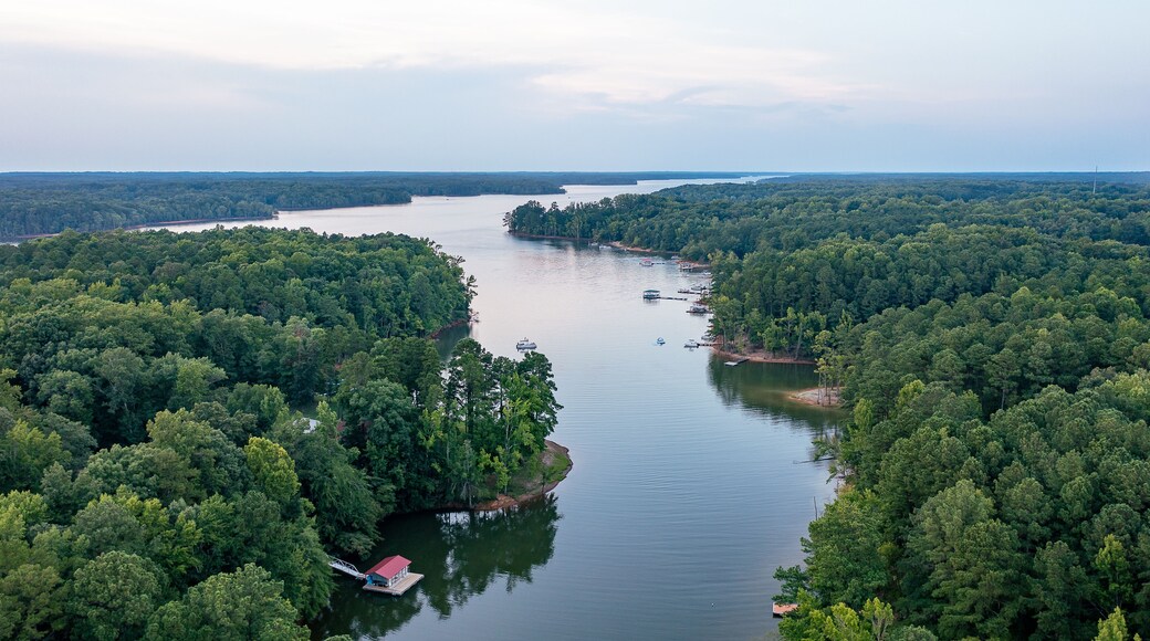 Aerial view of a cove on Kerr Lake in North Carolina at dusk