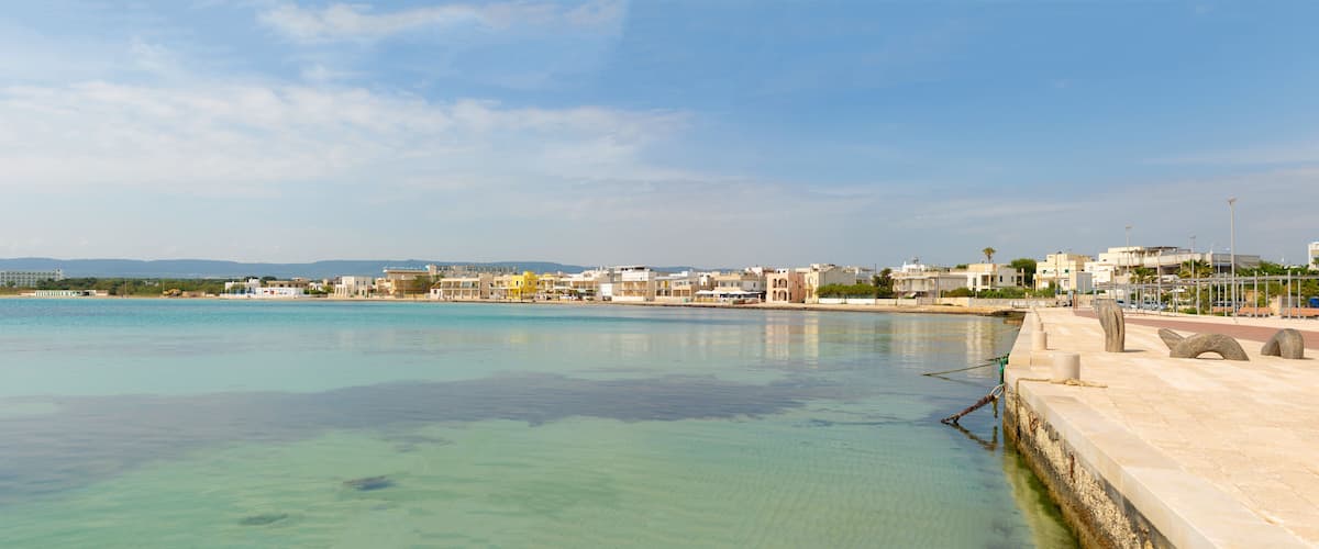 A coastal town with a clear blue sea, a promenade, and buildings along the shore.