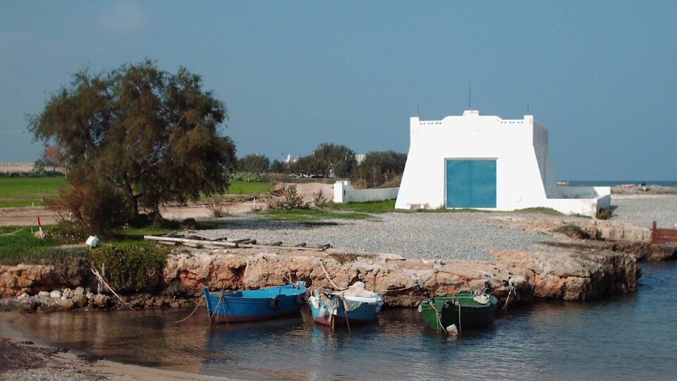 A coastal scene with a white building with a blue door, boats on the shore, and a tree in the background.
