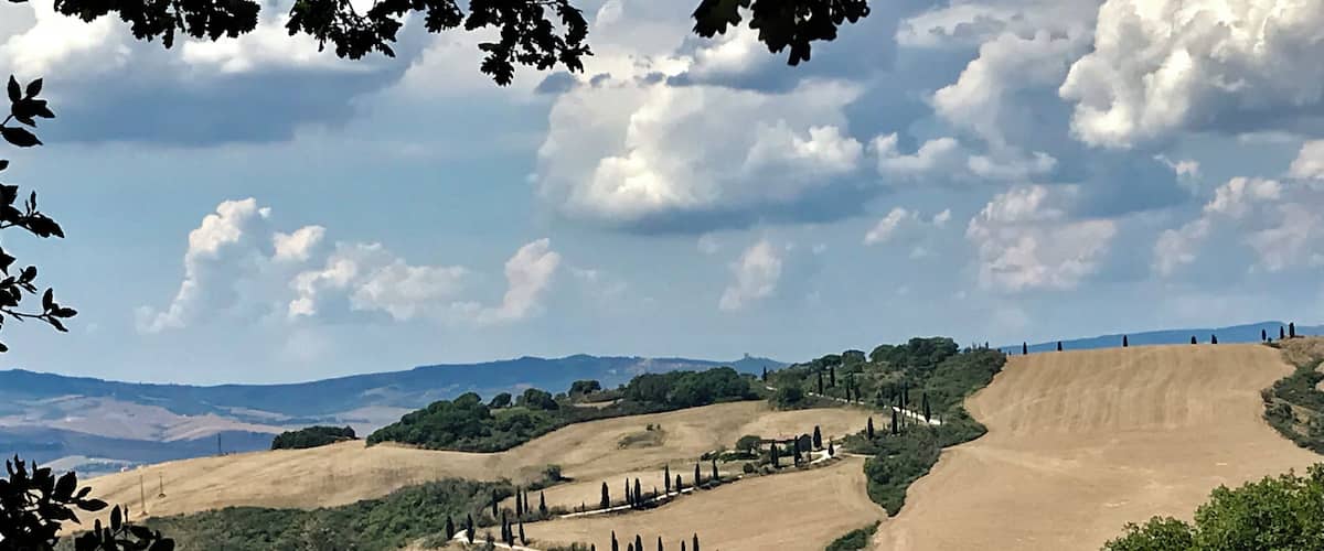 Rolling hills, cypress trees, and a distant view of a town.