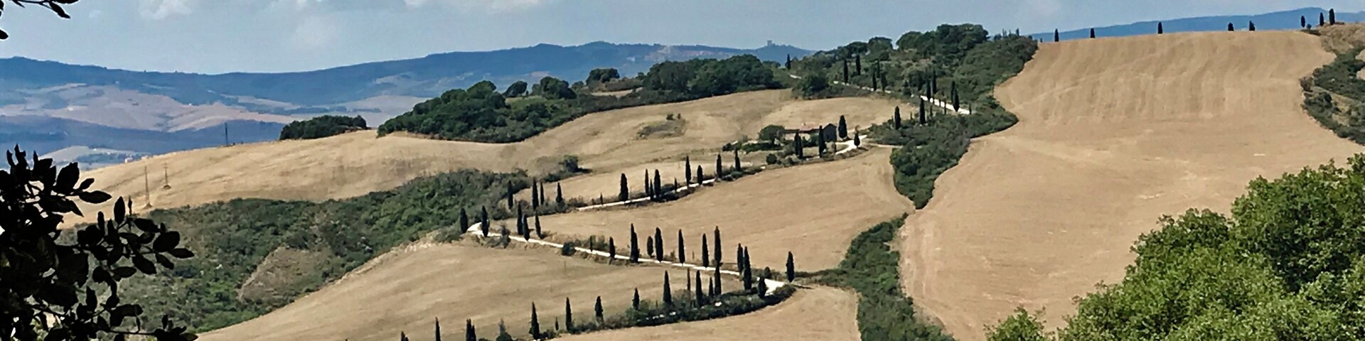 Rolling hills, cypress trees, and a distant view of a town.