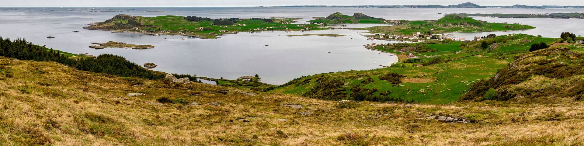 A view on Fjoloy and Klosteroy islands from top of Mastravarden hill on Mosteroy, Norway, May 2018