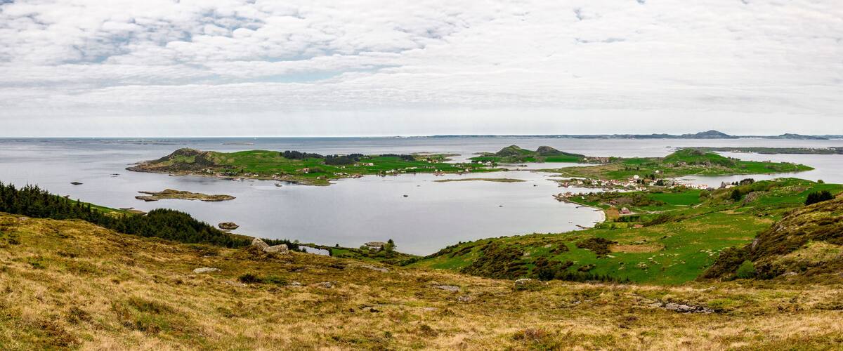 A coastal landscape with a large body of water, green hills, and scattered houses.