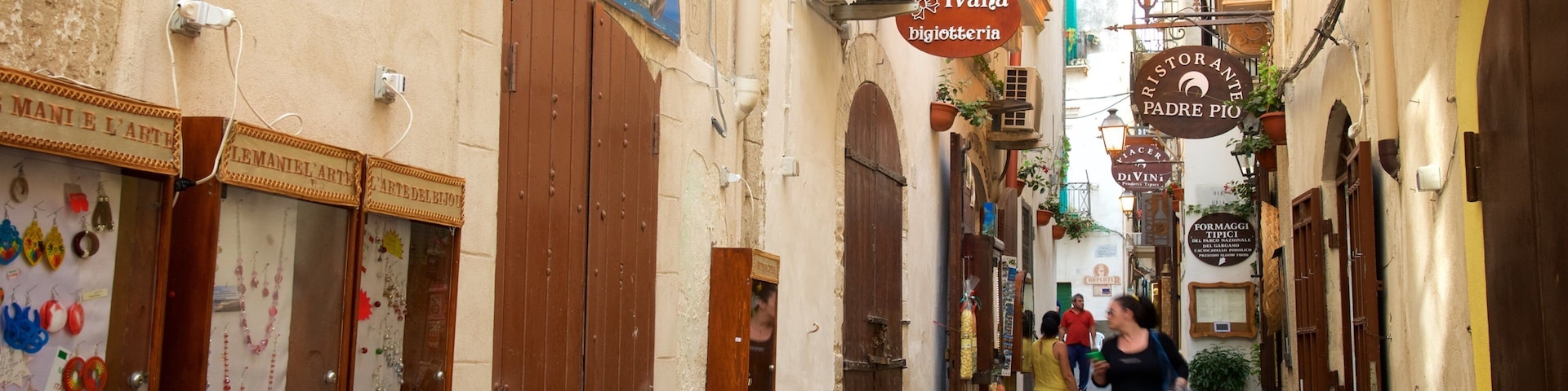 A narrow street with shops, a blue sign reading "LE MANI E L'ARTE," and a red banner for "Ivana bigi potteria."