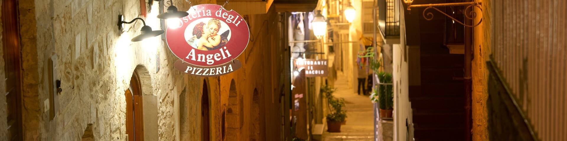 Vieste featuring signage and night scenes