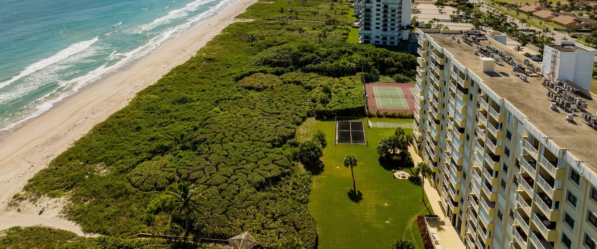 A coastal cityscape with a beach, dense greenery, and high-rise buildings.