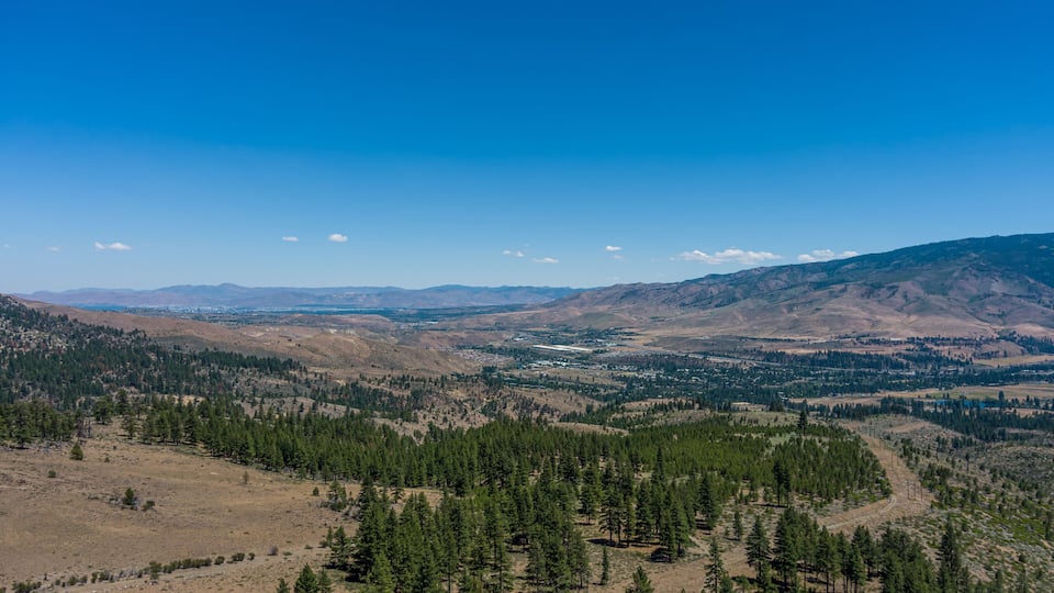A mountainous landscape with dense forests and a clear blue sky.