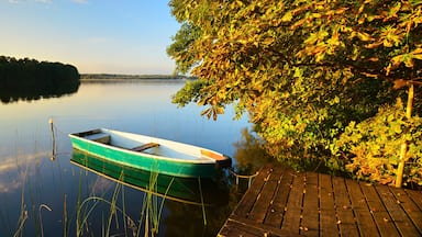 Horse Chestnut Tree by calm lake in full autumn colour at sunset and a rowing boat tied to a wooden pier