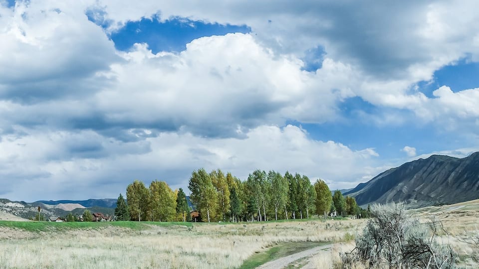 A mountainous landscape with a clear sky, a dirt path, and a cluster of trees.