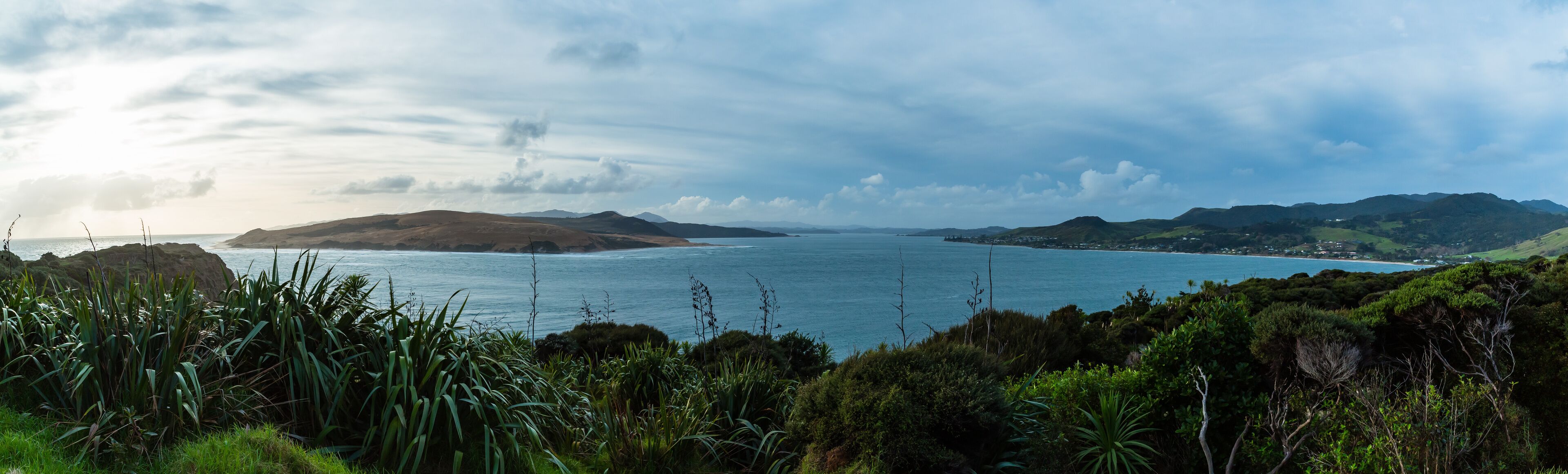 A coastal landscape with a bay, hills, and dense vegetation.