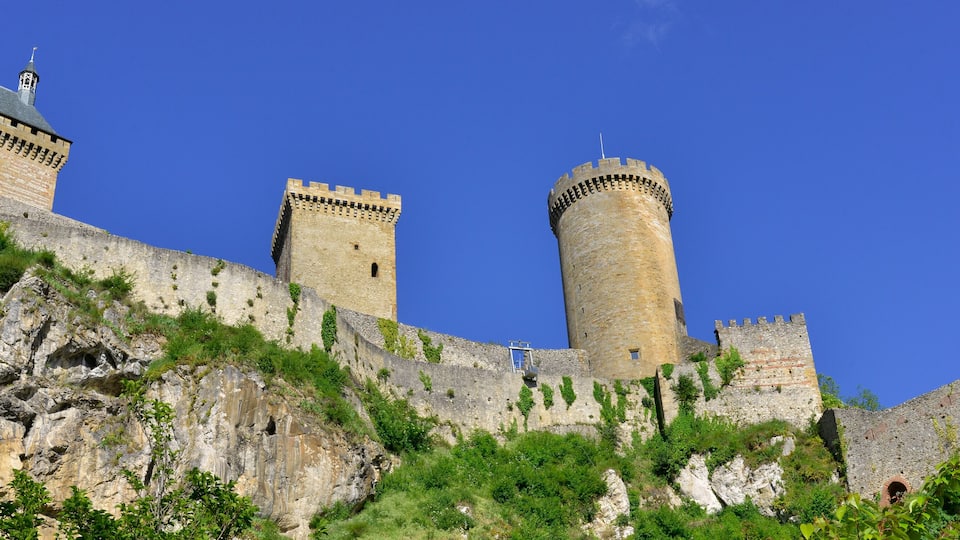A medieval castle with two prominent towers and a large rock base, surrounded by greenery.