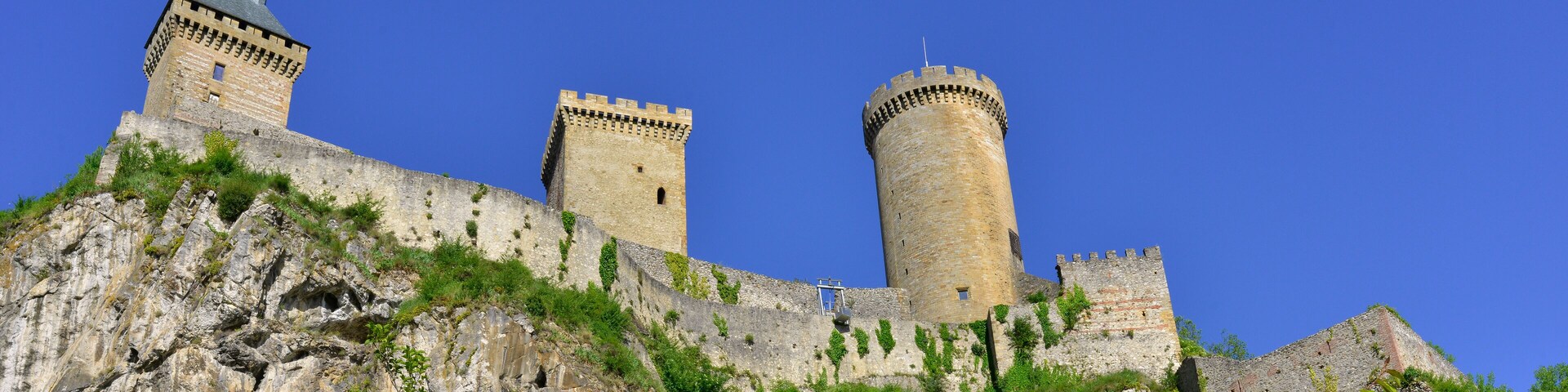 A medieval castle with two prominent towers and a large rock base, surrounded by greenery.