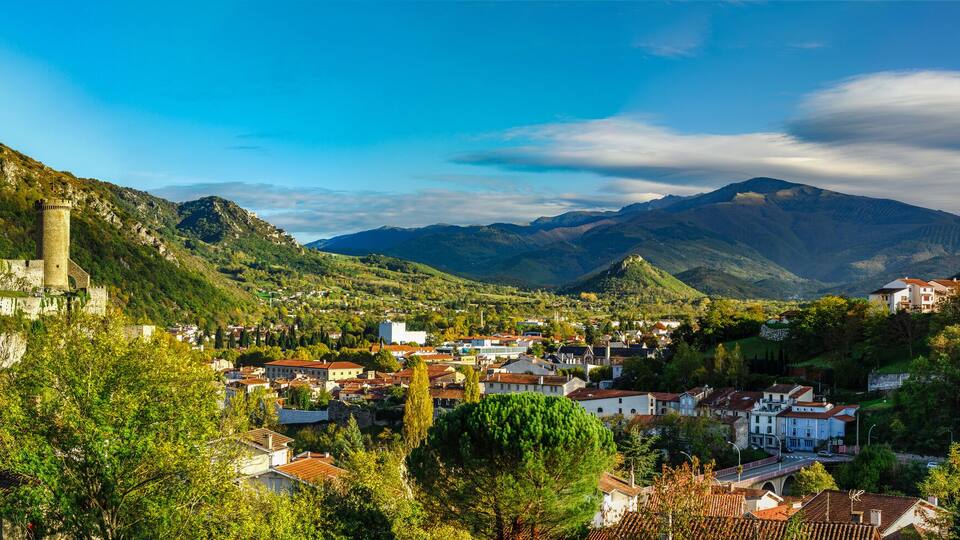 A town nestled in a valley with a castle on a hill, surrounded by mountains and dense forests.
