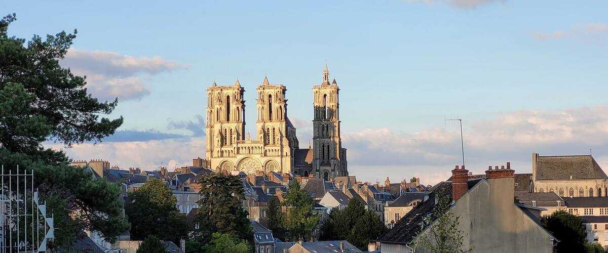 Notre-Dame Cathedral in Paris, surrounded by residential buildings and trees.