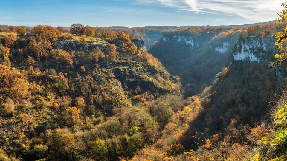 A canyon with autumn foliage, rocky cliffs, and a river.