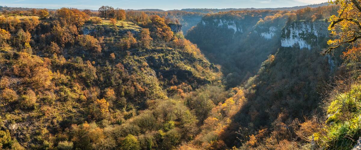 A canyon with autumn foliage, rocky cliffs, and a river.