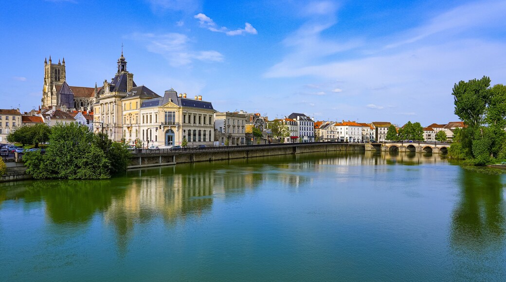 Reflection of Saint Stephen's cathedral overlooking the City Hall of Meaux in the Marne river in the Seine et Marne Department near Paris, France