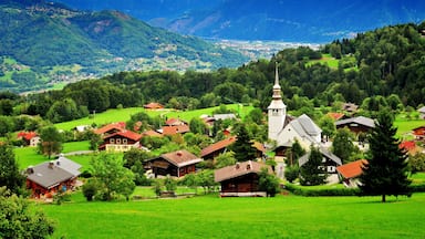 A village with houses, a church, and mountains in the background.