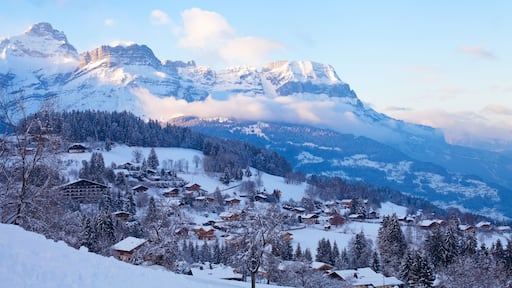 amazing beautiful panoramic view of Combloux village at sunset in french Alps