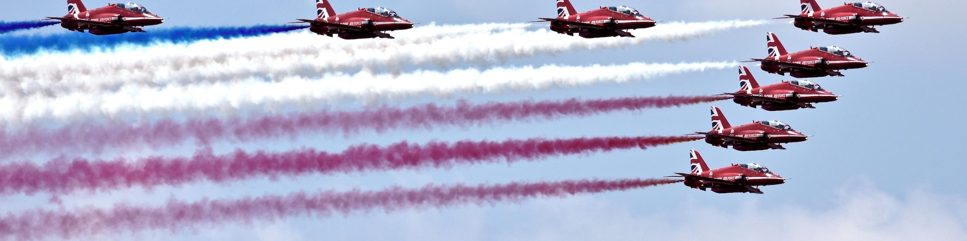 The RAF's aerobatic display team, the famous Red Arrows, in action at the 2018 Royal International Air Tattoo at RAF Fairford. The event was a celebration of 100 years of the Royal Air Force
