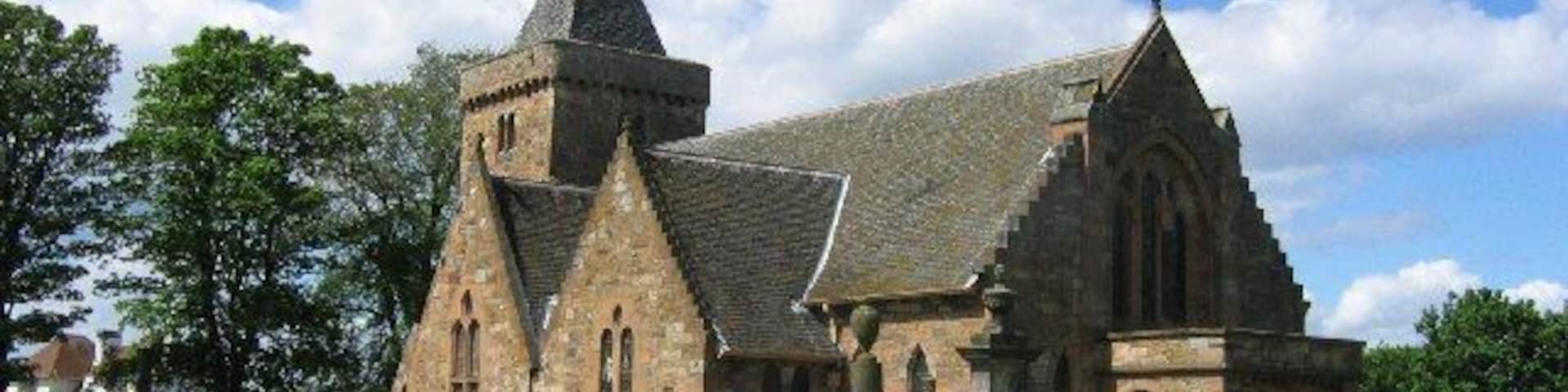 St Mary's Aberlady. Victorian church in Aberlady. Some of the stones may have been recycled from a castle that stood near here.