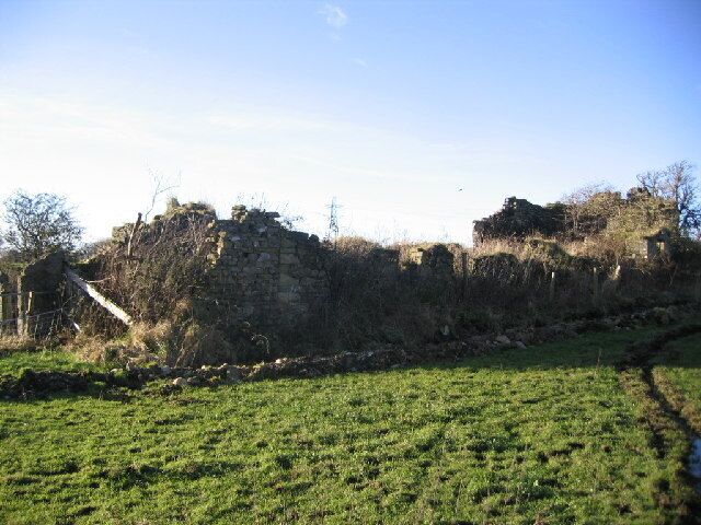 A grassy field with ancient stone ruins and a small structure in the background.