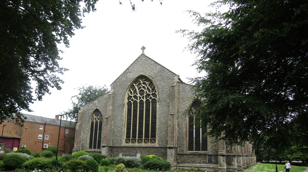 The east facing elevation of the parish church of Saint Nicholas within the town of North Walsham, Norfolk, United Kingdom.