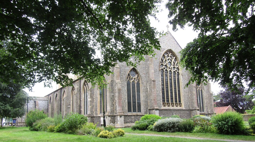 The east facing elevation of the parish church of Saint Nicholas within the town of North Walsham, Norfolk, United Kingdom.