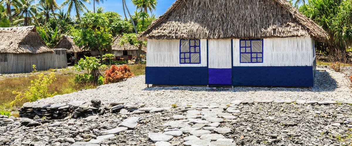 A thatched-roof house with blue and white walls, surrounded by palm trees and a clear blue sky.