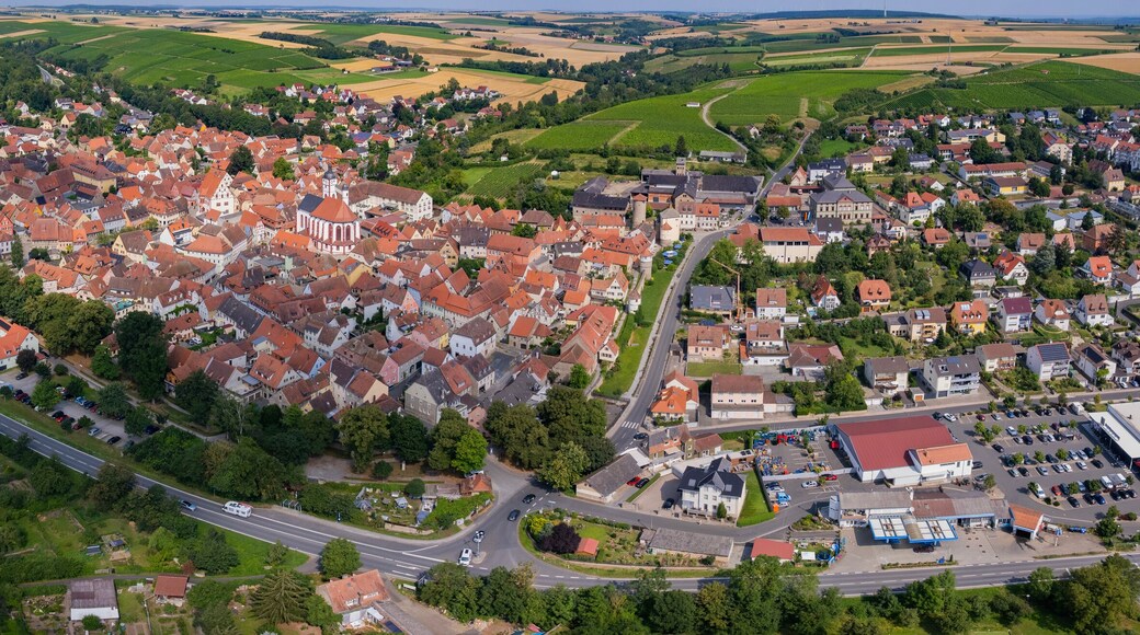 Aerial panorama view around the old town in the city Dettelbach on an sunny spring day in Germany