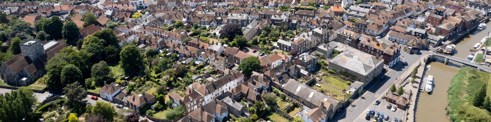 Drone aerial scenery of Sandwich village in Kent United Kingdom. Top view scenery of villages