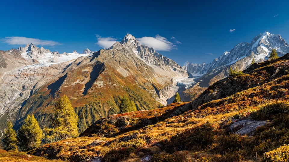 view of Grand Balcon Sud in Chamonix with mountain range and glaciers