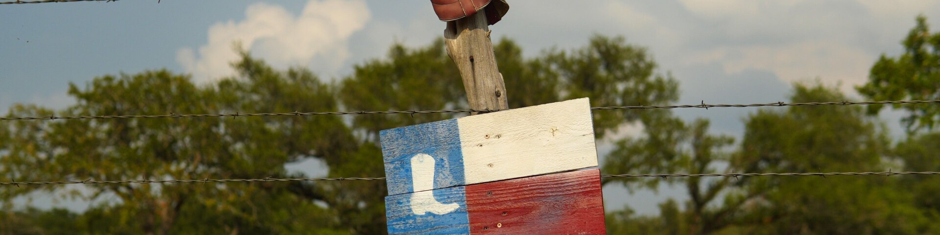 A barbed wire fence with a wooden post, a red shoe, and a flag with a white 'L' on a blue background.