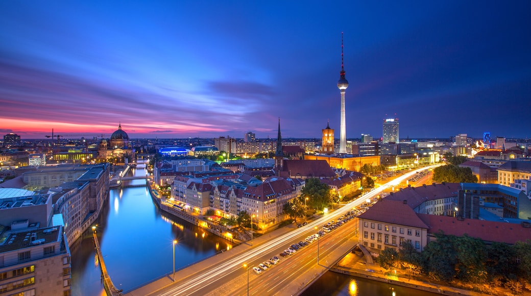 Berlin Skyline City Panorama with Traffic and Sunset