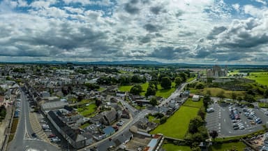 Aerial panorama of Cashel town , Rock of Cashel iconic Irish historic landmark with Romanesque chapel, a Gothic cathedral, an abbey, the Hall of the Vicars Choral and a fifteenth-century Tower House