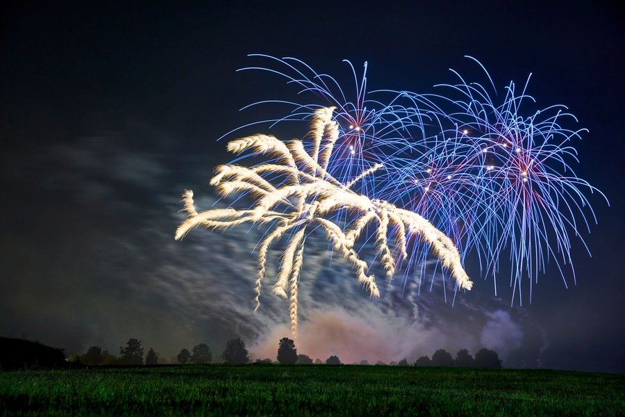 Fireworks with blue and yellow stars against dark night sky. Green meadow and tree line. Ideal for Sylvester and New Year's Day. Germany, Ostfildern.