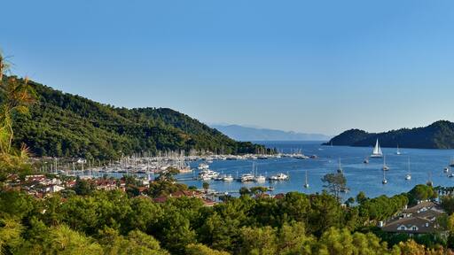 Panoramic view of bay and city of Gocek - Fethiye, Turkey with marina and yachts.