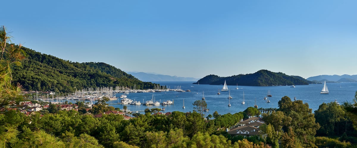 A coastal town with a marina, sailboats, and lush green hills.