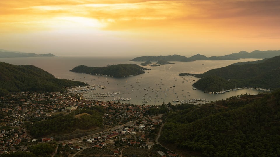 Gökcek holiday village at sunrise. Tourist bays of the Mediterranean. Fethiye district, Muğla city, Türkiye