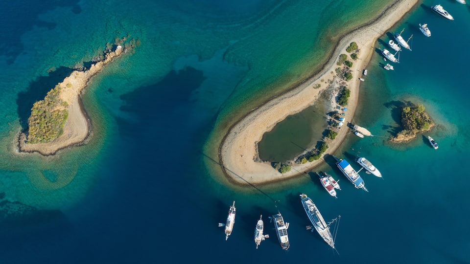 Turkish Maldives Yassica Islands Drone Photo, Gocek Fethiye, Mugla Turkey