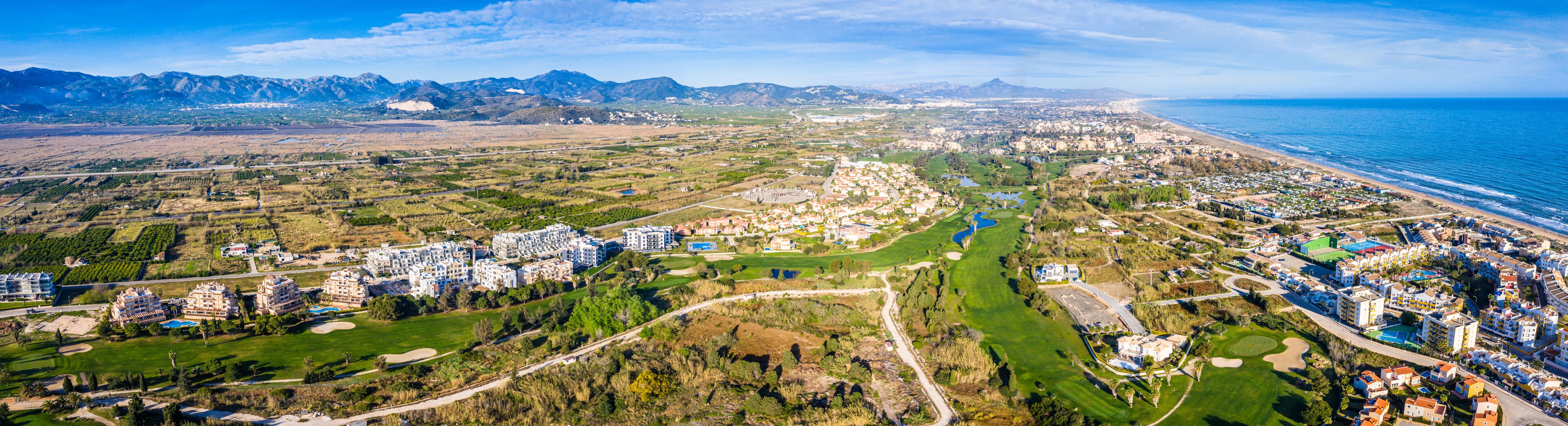 Oliva Nova, Denia beach. Aerial Panorama Photo. Valencia, Spain, Costa del Azahar Oliva