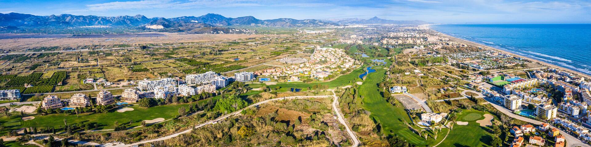 Oliva Nova, Denia beach. Aerial Panorama Photo. Valencia, Spain, Costa del Azahar Oliva