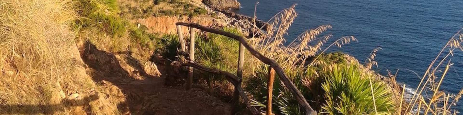 Un sentier côtier avec une rambarde en bois, un terrain rocheux et une montagne en arrière-plan.
