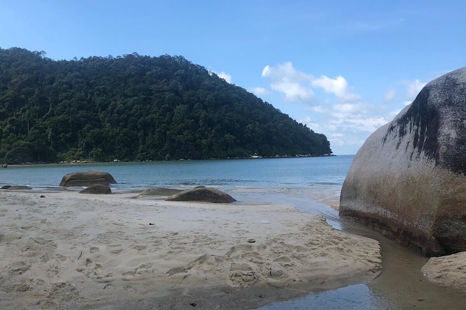 A beach with large rocks, calm water, and a forested hill in the background.