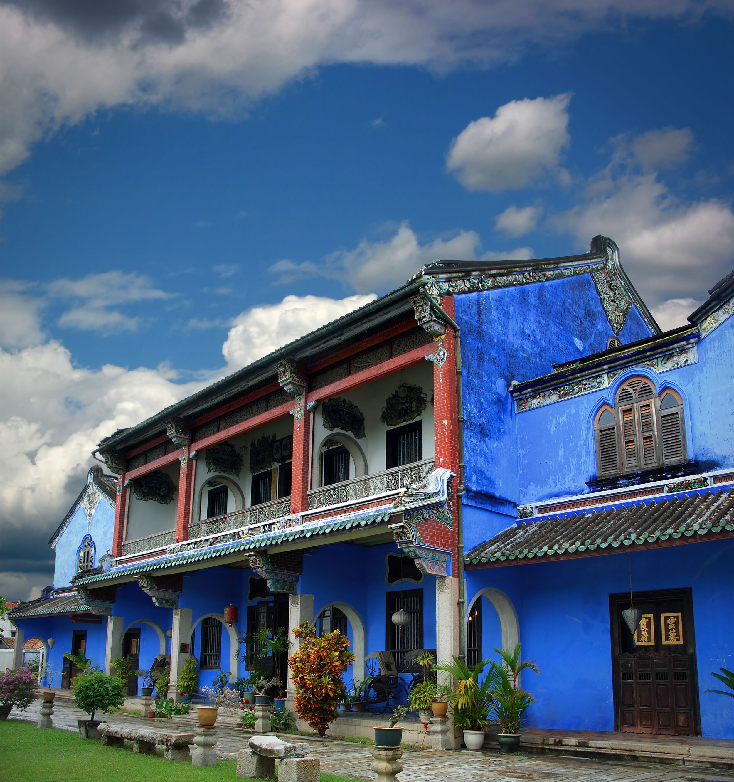 View of the chinese blue mansion under a cloudy sky, Penang, Malaysia