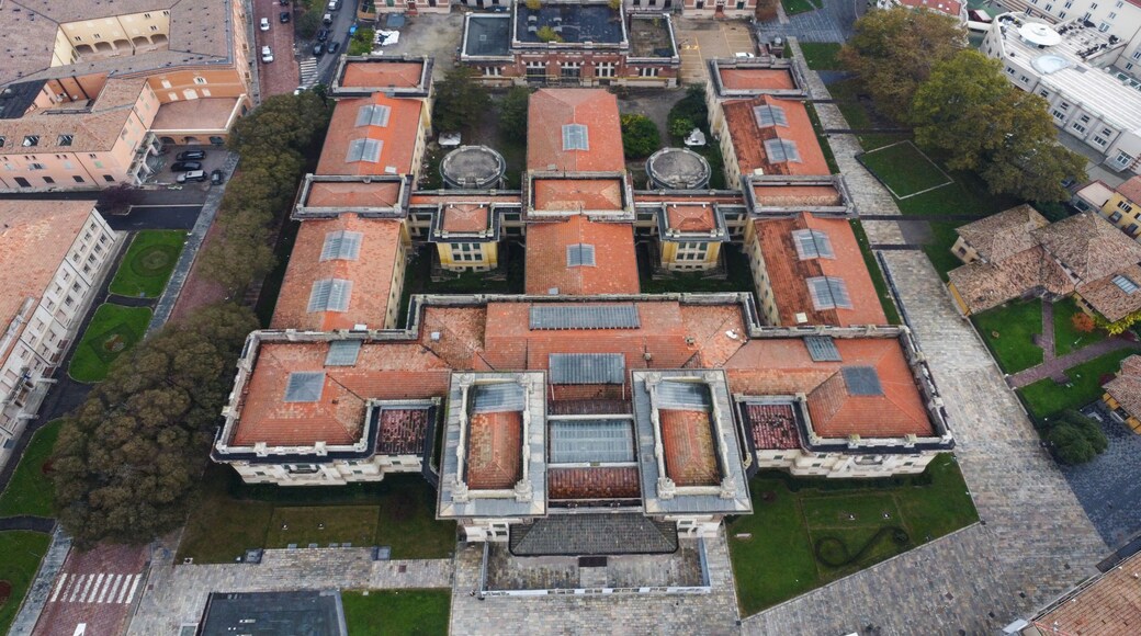 Salsomaggiore Terme Parma ,Italy - November 2022 aerial view of Berzieri termal spa a foggy autumn morning