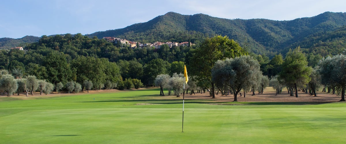 A golf course with a flagstick in the foreground, surrounded by trees and a mountain with buildings in the background.