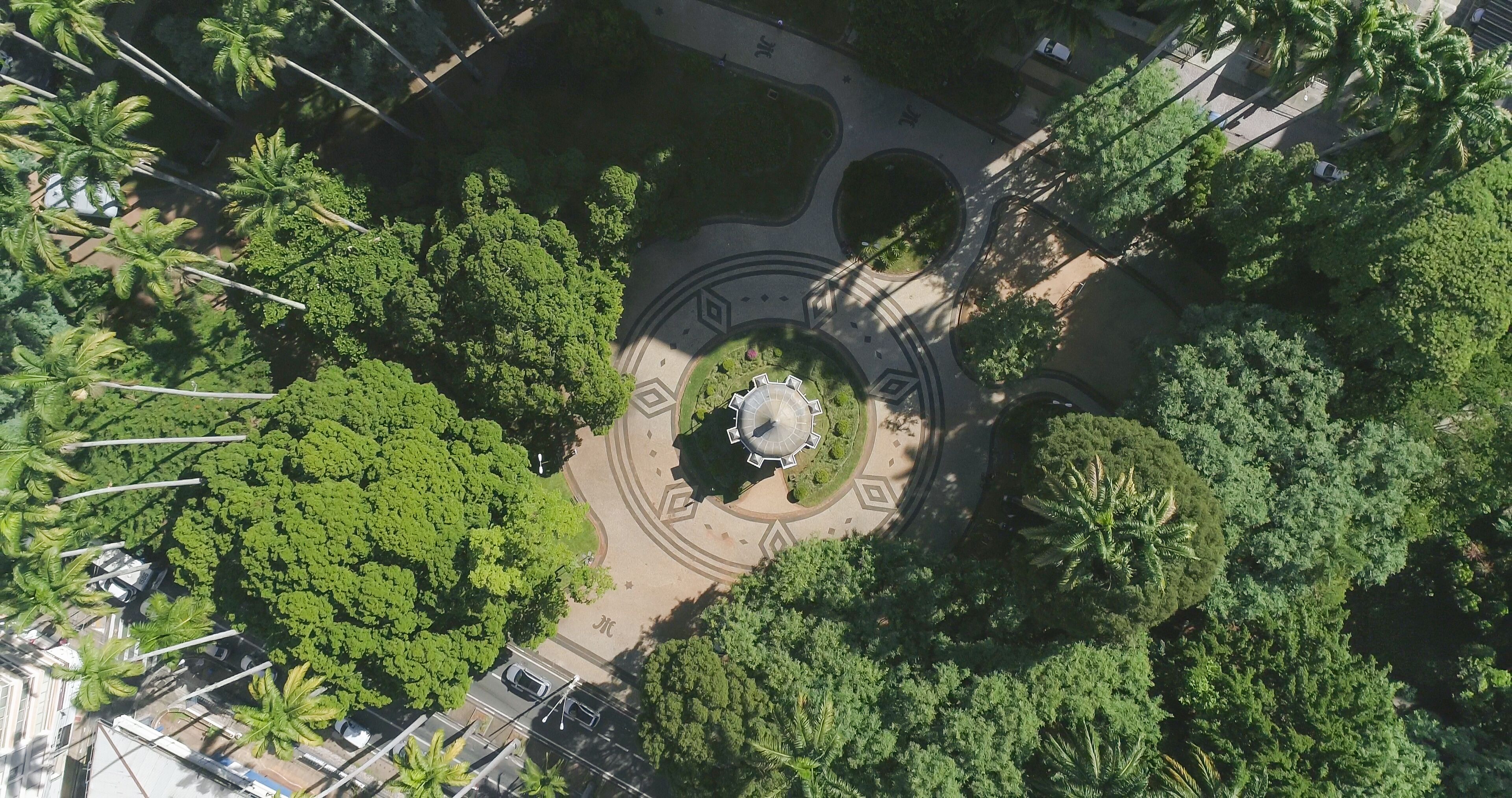 An aerial view of a roundabout surrounded by dense greenery and palm trees.