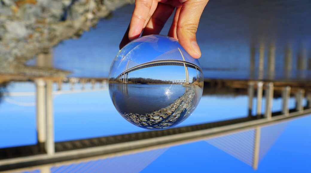 The view of William V Roth Bridge captured through a crystal lens ball near Middletown, Delaware, U.S