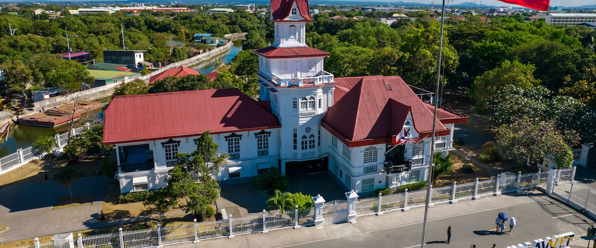 Kawit, Cavite, Philippines - Aerial of Emilio Aguinaldo Shrine and the Philippine Flag.
